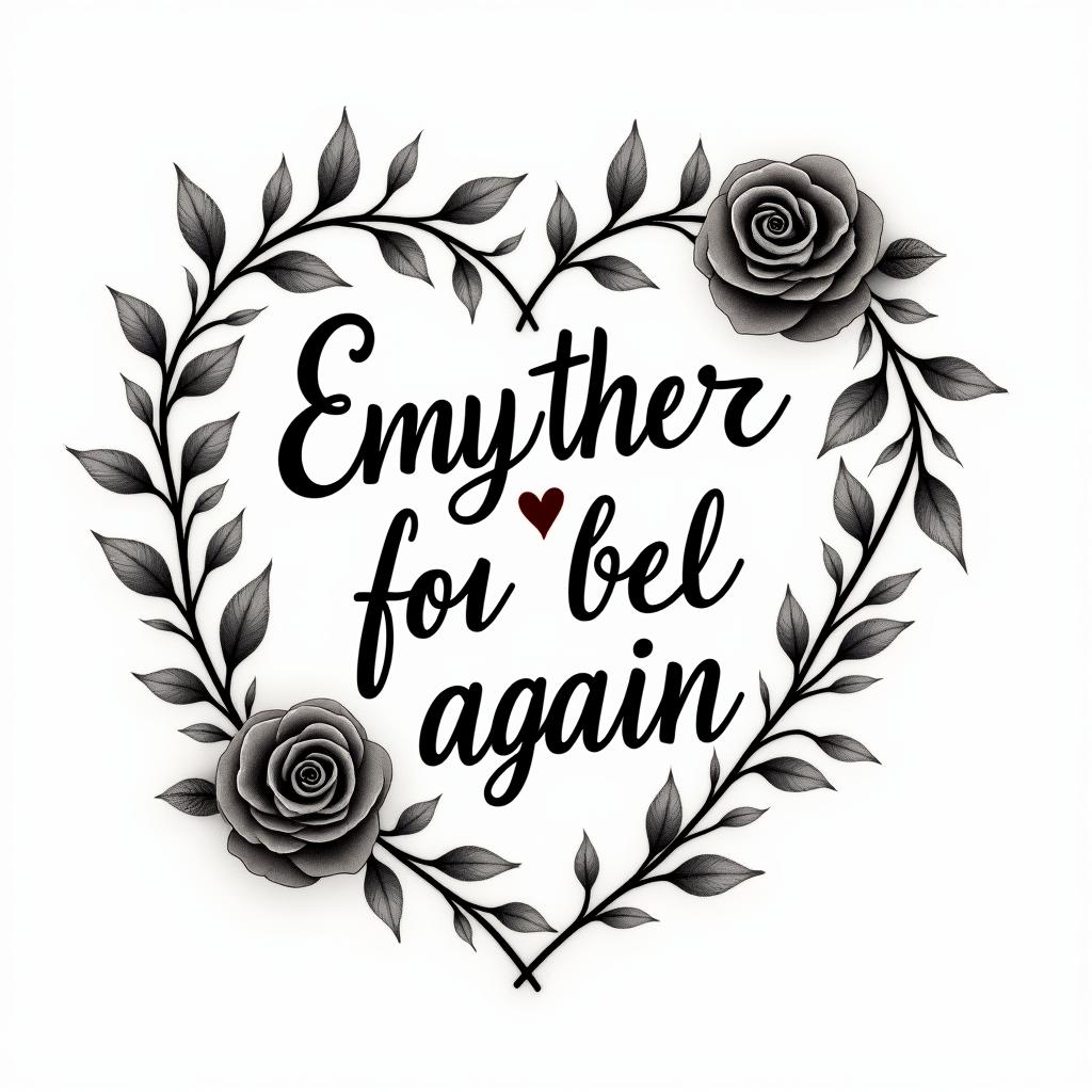 Empty heart dying to feel whole againin elegant cursive calligraphy style 2d tattoo, decorate with roses, featuring a smooth and flowing handwritten script with slightly thickened strokes for a luxurious and bold appearance,  heart symbol between names,  sleek and glossy black text with shadowing, minimalist matte white background, clean and sharp edges, illuminated with soft lighting, romantic, 8k, high-quality textures with refined typography - Variation 3