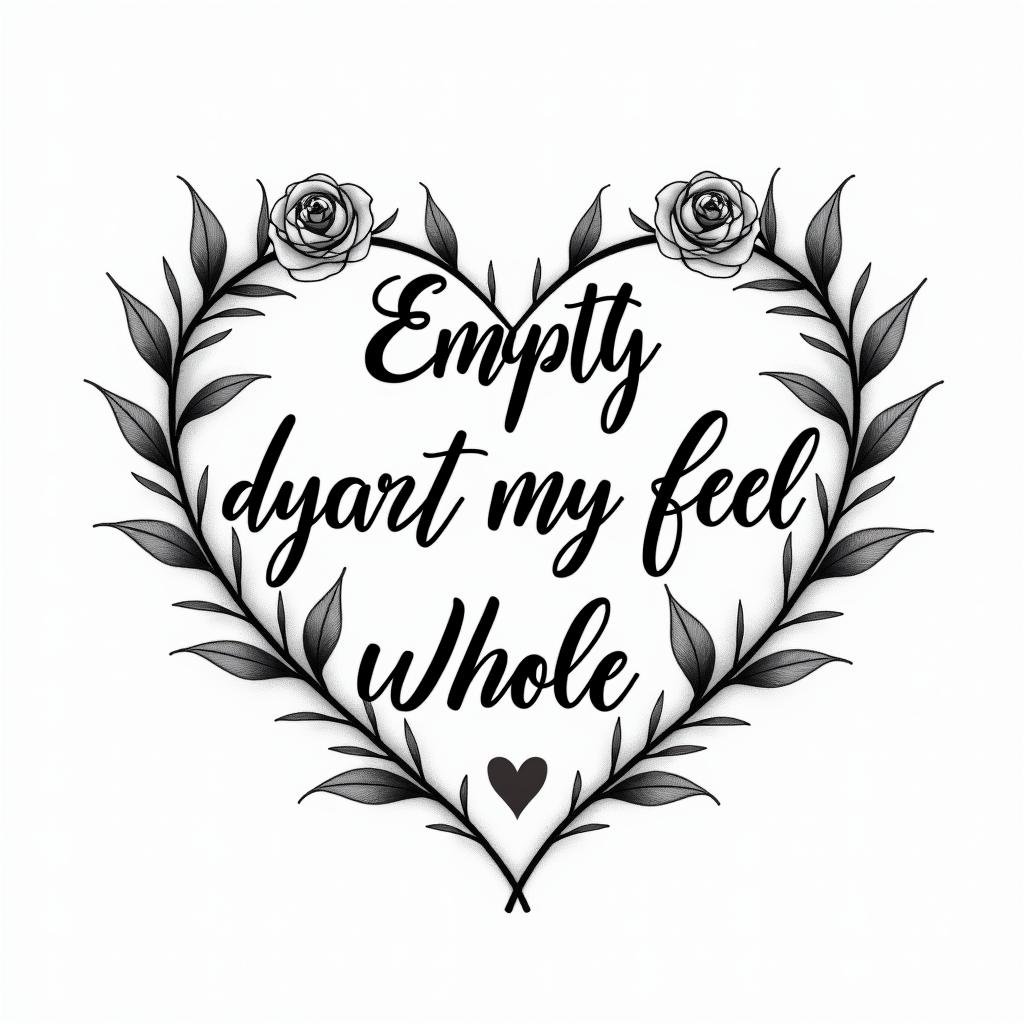 Empty heart dying to feel whole againin elegant cursive calligraphy style 2d tattoo, decorate with roses, featuring a smooth and flowing handwritten script with slightly thickened strokes for a luxurious and bold appearance,  heart symbol between names,  sleek and glossy black text with shadowing, minimalist matte white background, clean and sharp edges, illuminated with soft lighting, romantic, 8k, high-quality textures with refined typography - Variation 2