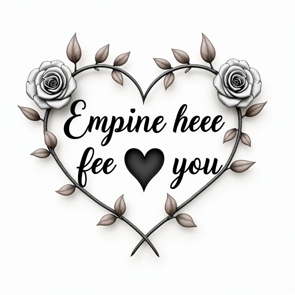 Empty heart dying to feel whole againin elegant cursive calligraphy style 2d tattoo, decorate with roses, featuring a smooth and flowing handwritten script with slightly thickened strokes for a luxurious and bold appearance,  heart symbol between names,  sleek and glossy black text with shadowing, minimalist matte white background, clean and sharp edges, illuminated with soft lighting, romantic, 8k, high-quality textures with refined typography