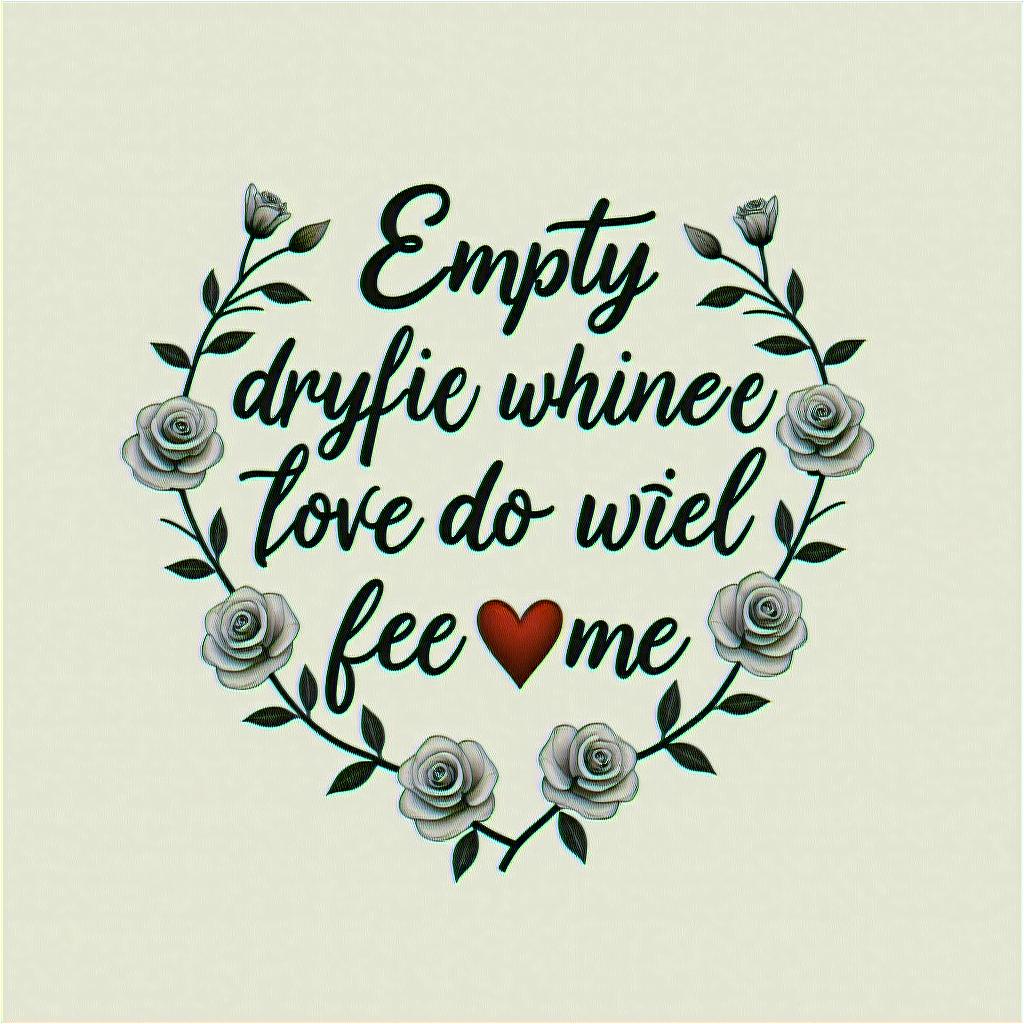 Empty heart dying to feel whole againin elegant cursive calligraphy style 2d tattoo, decorate with roses, featuring a smooth and flowing handwritten script with slightly thickened strokes for a luxurious and bold appearance,  heart symbol between names,  sleek and glossy black text with shadowing, minimalist matte white background, clean and sharp edges, illuminated with soft lighting, romantic, 8k, high-quality textures with refined typography - Variation 4