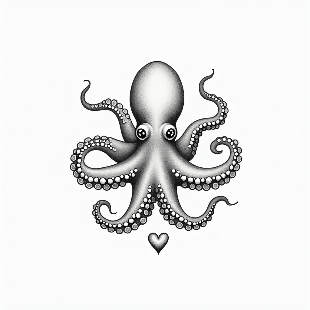 Octopusin Modest style tattoo, featuring soft, delicate line work with simple and meaningful symbols, gentle waves, a heart, evoking a sense of serenity and grace,