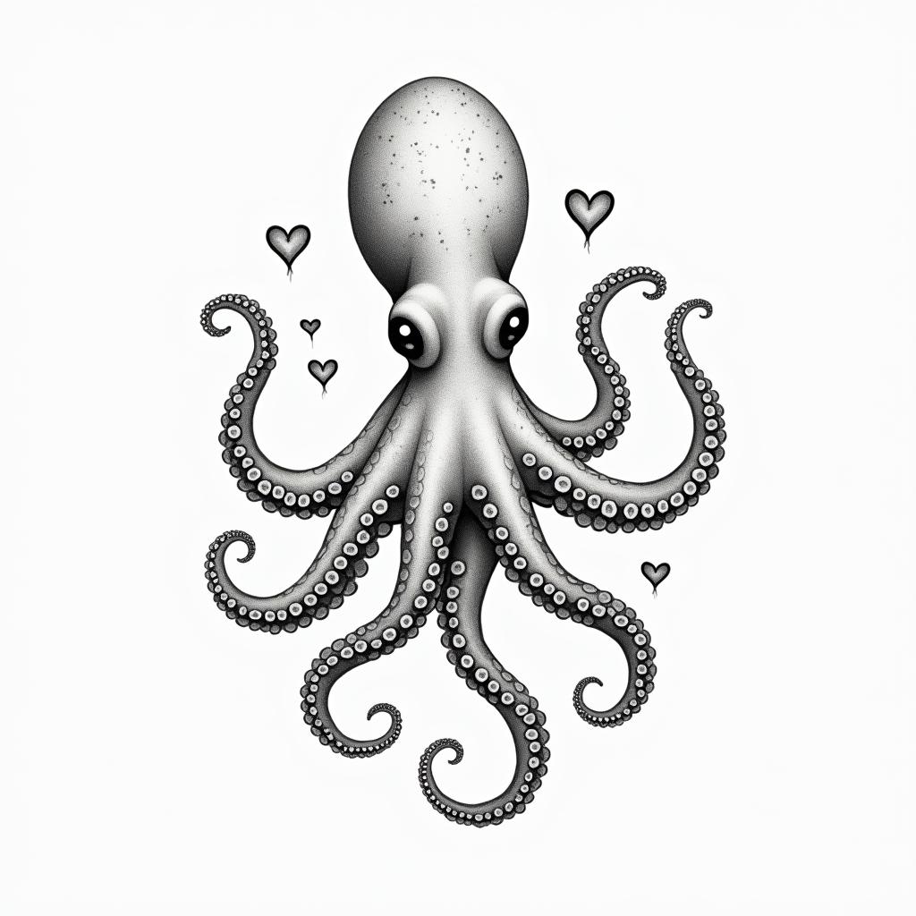 Octopusin Modest style tattoo, featuring soft, delicate line work with simple and meaningful symbols, gentle waves, a heart, evoking a sense of serenity and grace, - Variation 4