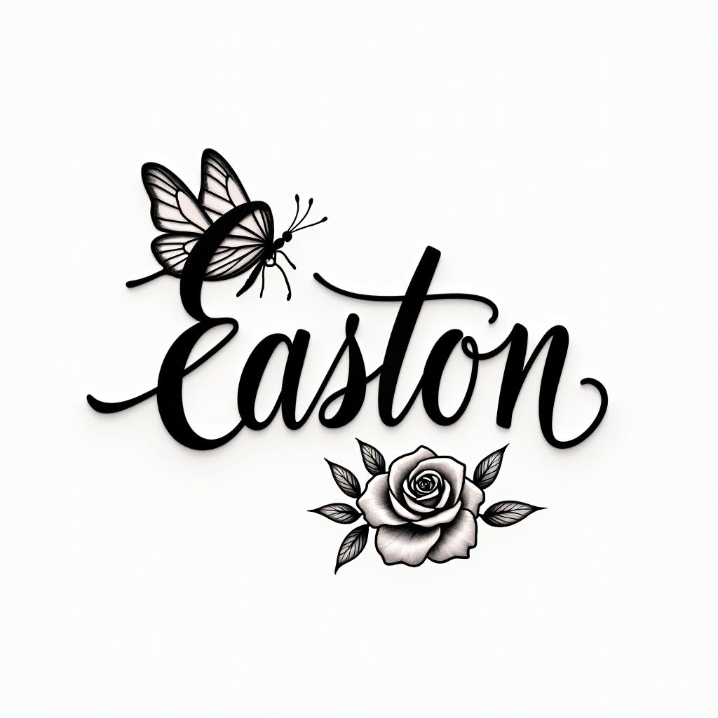 Easton and a butterflyin elegant cursive calligraphy style 2d tattoo, decorate with roses, featuring a smooth and flowing handwritten script with slightly thickened strokes for a luxurious and bold appearance,  heart symbol between names,  sleek and glossy black text with shadowing, minimalist matte white background, clean and sharp edges, illuminated with soft lighting, romantic, 8k, high-quality textures with refined typography - Variation 2