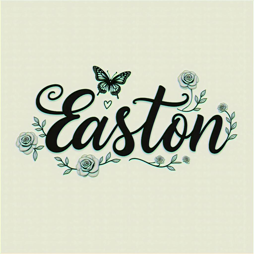 Easton and a butterflyin elegant cursive calligraphy style 2d tattoo, decorate with roses, featuring a smooth and flowing handwritten script with slightly thickened strokes for a luxurious and bold appearance,  heart symbol between names,  sleek and glossy black text with shadowing, minimalist matte white background, clean and sharp edges, illuminated with soft lighting, romantic, 8k, high-quality textures with refined typography - Variation 4
