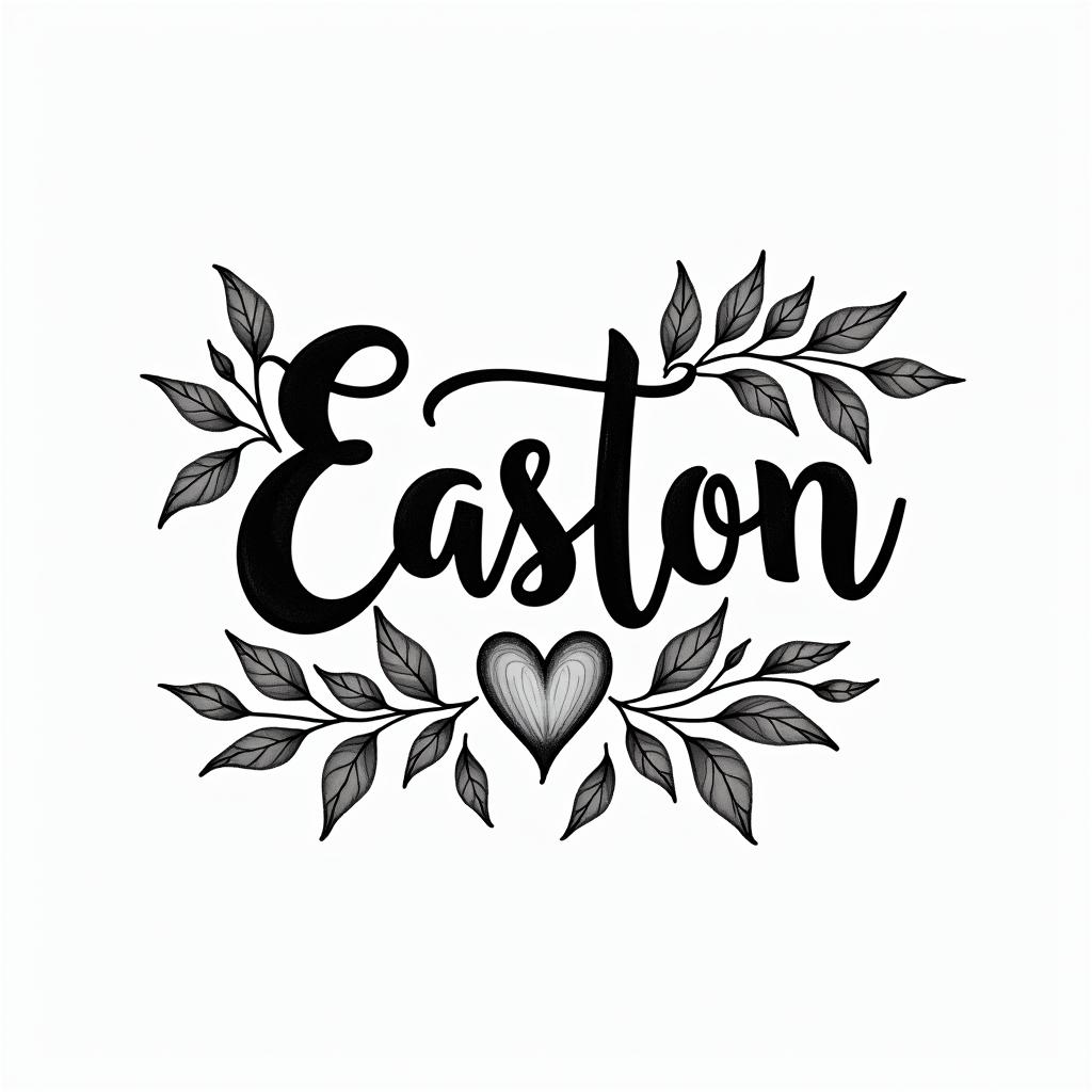Easton and a butterflyin elegant cursive calligraphy style 2d tattoo, decorate with roses, featuring a smooth and flowing handwritten script with slightly thickened strokes for a luxurious and bold appearance,  heart symbol between names,  sleek and glossy black text with shadowing, minimalist matte white background, clean and sharp edges, illuminated with soft lighting, romantic, 8k, high-quality textures with refined typography - Variation 3