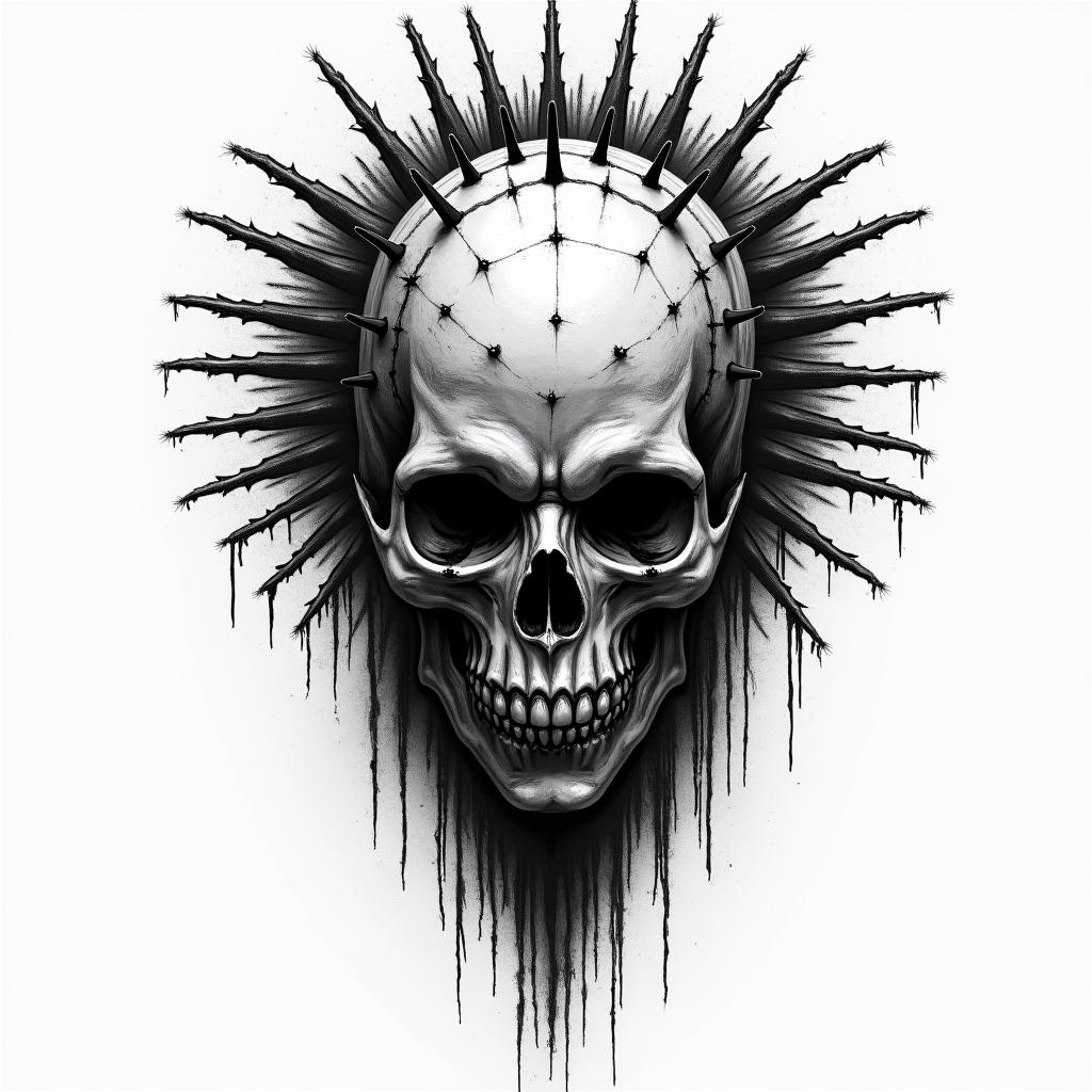 Hellraiser pinhead in horror tattoo style, showcasing haunting and unsettling, dark and gritty textures with skulls, eerie faces, jgged designs, bold and intense shading - Variation 2