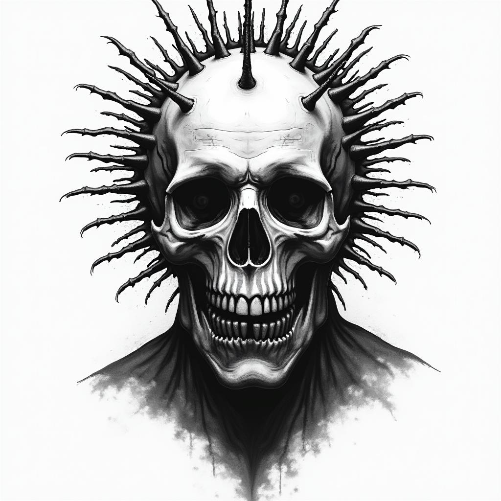 Hellraiser pinhead in horror tattoo style, showcasing haunting and unsettling, dark and gritty textures with skulls, eerie faces, jgged designs, bold and intense shading - Variation 3