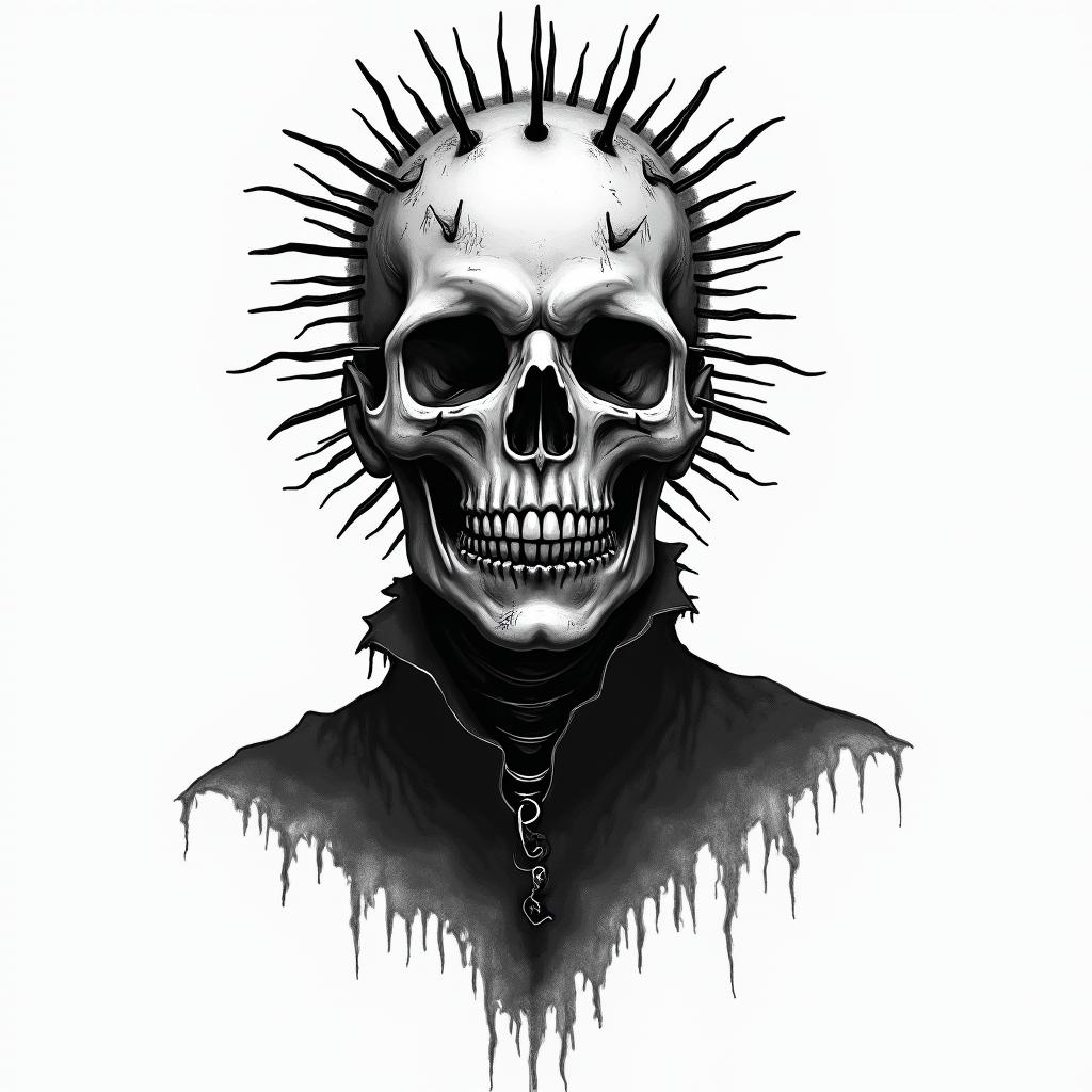 Hellraiser pinhead in horror tattoo style, showcasing haunting and unsettling, dark and gritty textures with skulls, eerie faces, jgged designs, bold and intense shading