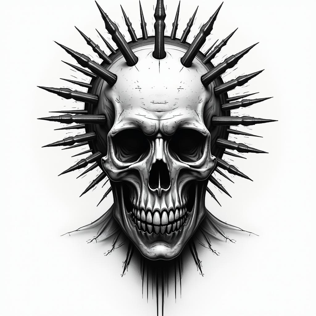 Hellraiser pinhead in horror tattoo style, showcasing haunting and unsettling, dark and gritty textures with skulls, eerie faces, jgged designs, bold and intense shading - Variation 4