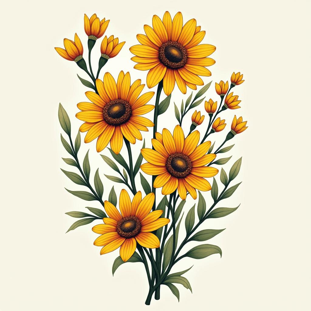 An elegant tattoo design showcasing marigolds, complemented by daffodils, lily of the valley, and larkspur, highlighting the beauty of birth flowers in a floral arrangement.undefined