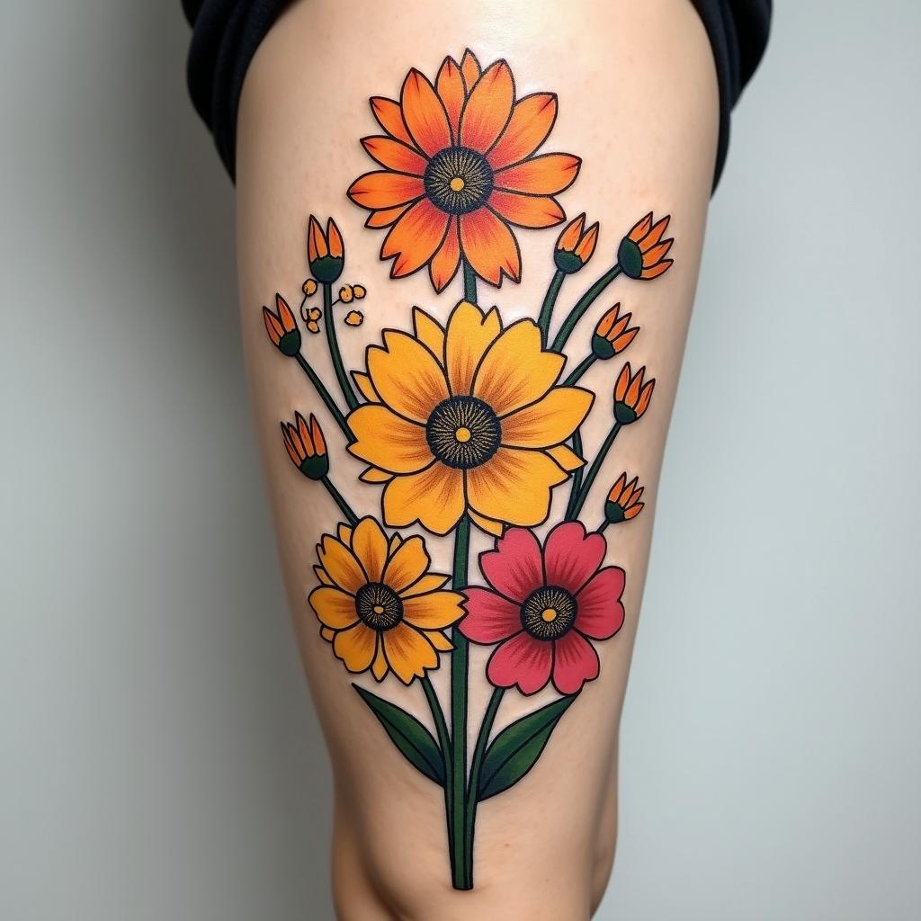 A striking tattoo incorporating marigolds along with daffodils, lily of the valley, and larkspur, illustrating the essence of birth flowers in a harmonious design.undefined