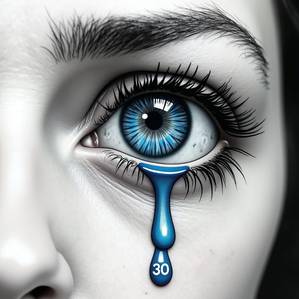 A black and white tattoo design featuring a crying human eye, with a teardrop filled with blue pills labeled 'm' and '30', blending realism and surrealism in a striking composition.undefined