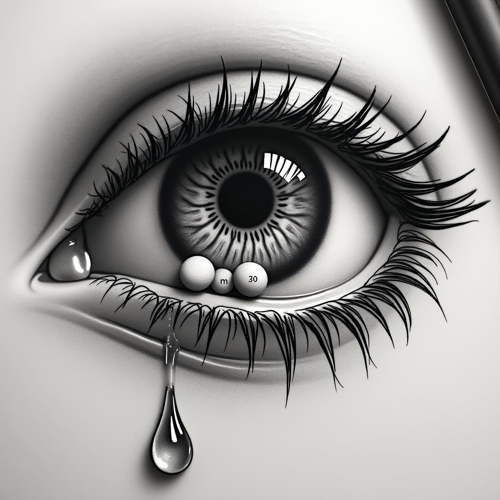 A detailed black and white tattoo illustrating a human eye shedding tears, with a focus on a teardrop containing pills labeled 'm' and '30', merging realism and surreal art.undefined