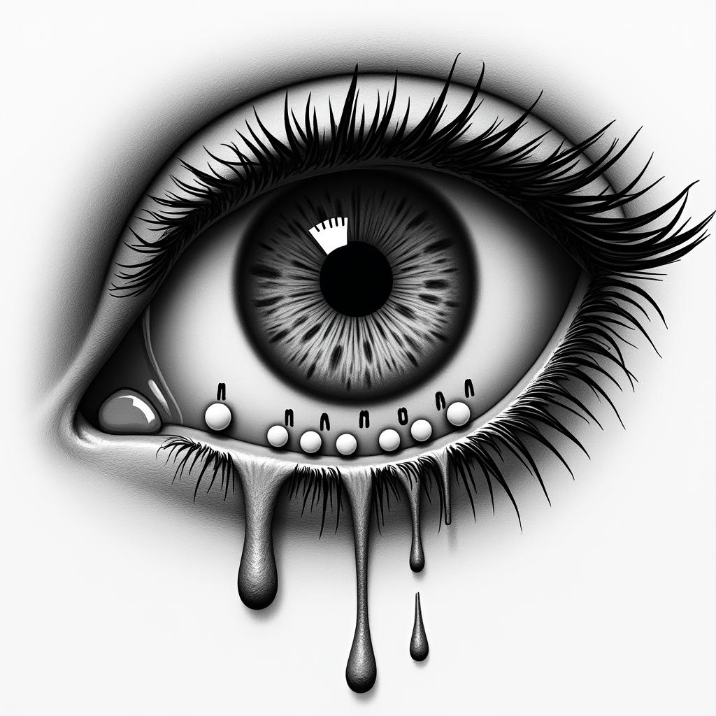 An artistic black and white tattoo design of a weeping eye, where the tears hold pills identified with 'm' and '30', creating a surreal yet realistic effect.undefined