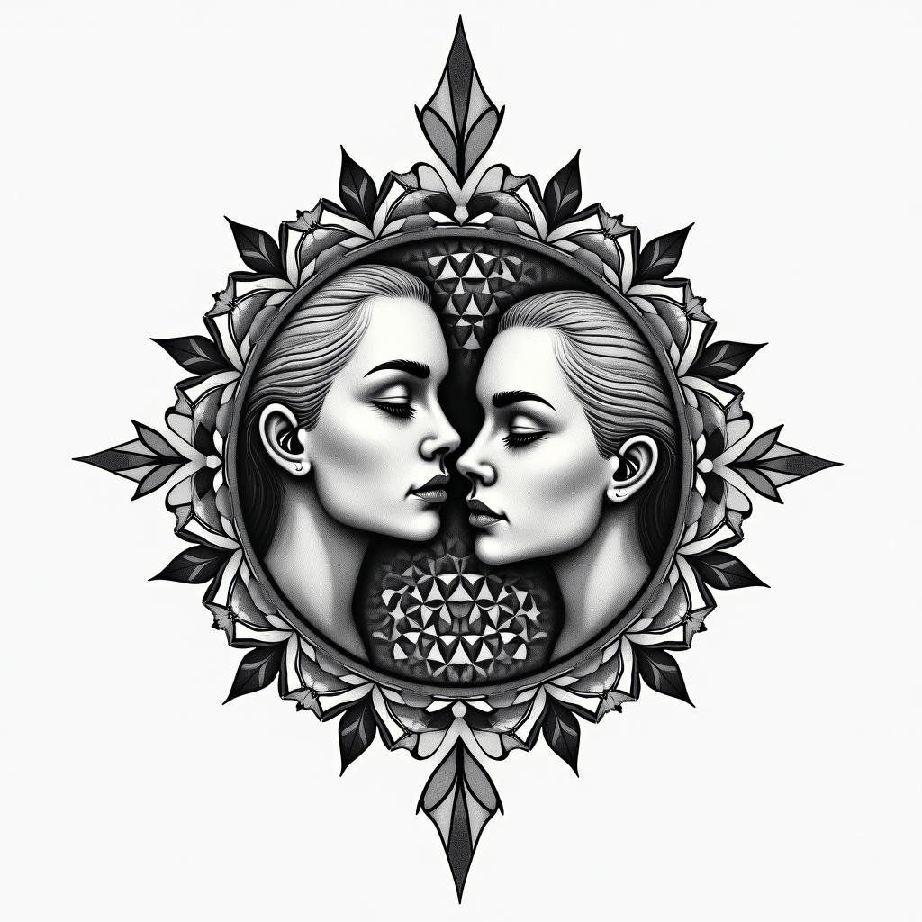 A tattoo for 2 best friends in geometric style tattoo, blending hexagons, mandala-inspired patterns, symmetrical and fractal design, clean lines, sharp angles