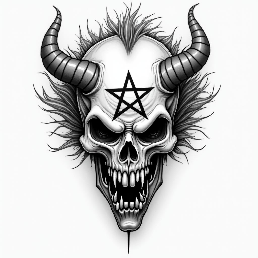 Chat epouventail chuckycreepy horror tattoo style, featuring an eerie and unsettling skull of a demonic creature, distorted face with sharp fangs, add pentagram symbol - Variation 2