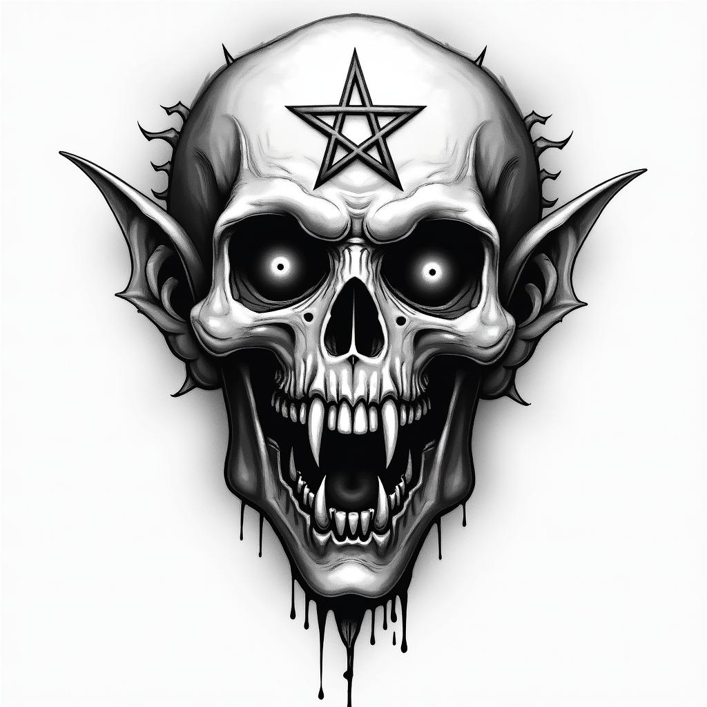 Chat epouventail chuckycreepy horror tattoo style, featuring an eerie and unsettling skull of a demonic creature, distorted face with sharp fangs, add pentagram symbol - Variation 4