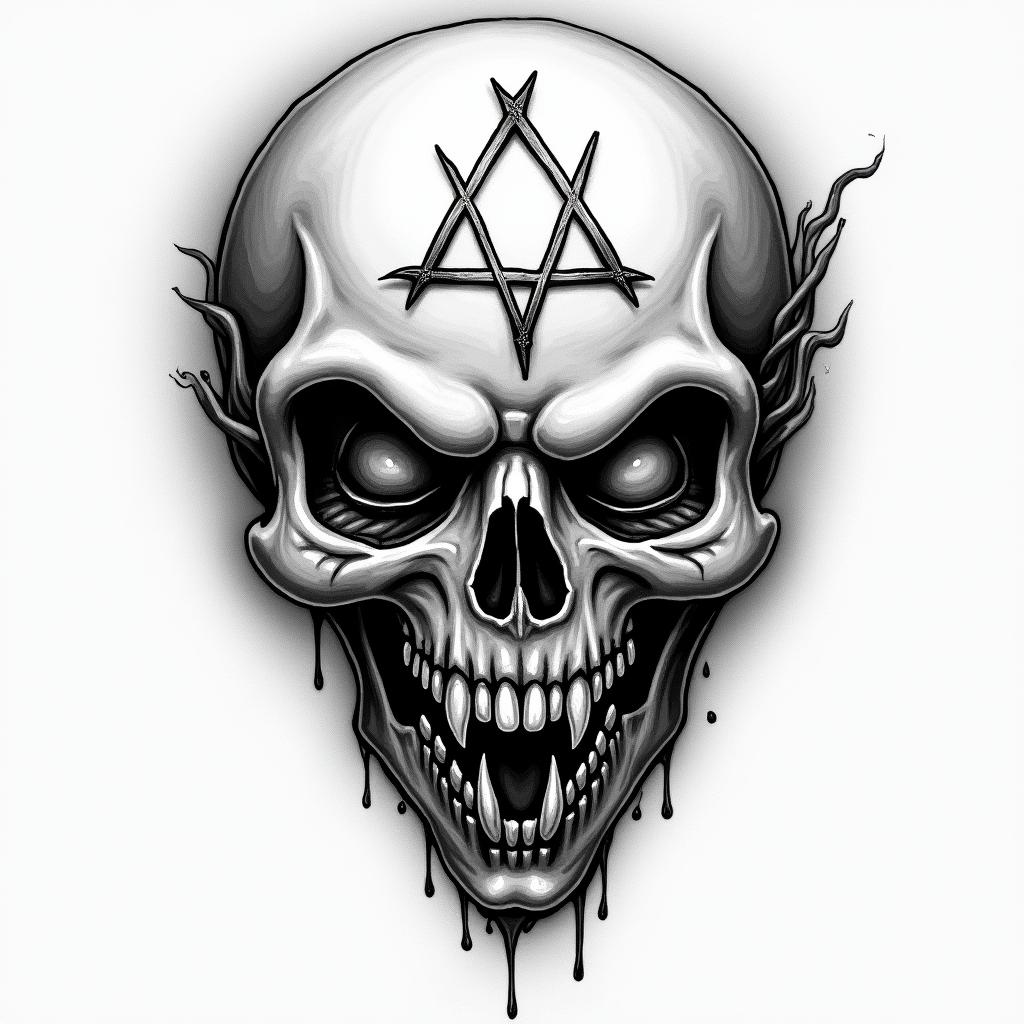 Chat epouventail chuckycreepy horror tattoo style, featuring an eerie and unsettling skull of a demonic creature, distorted face with sharp fangs, add pentagram symbol - Variation 3
