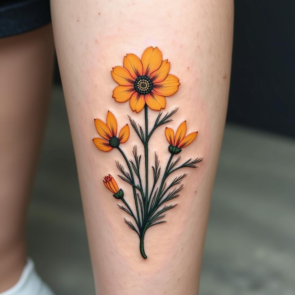 Stylish tattoo of a single marigold, elegantly integrated with daffodils, lily of the valley, and larkspur, capturing the essence of floral elegance and birth flower symbolism.undefined - Variation 1
