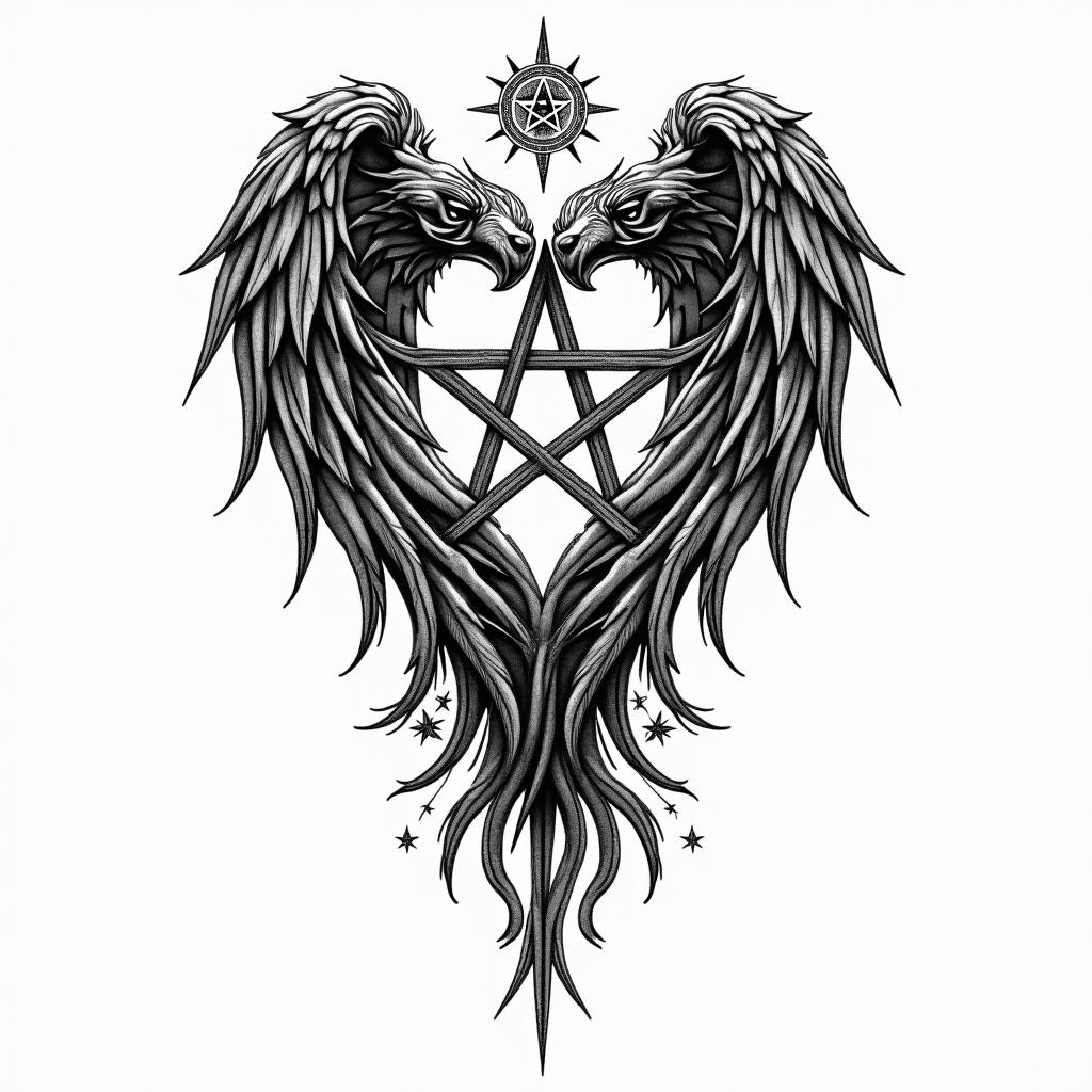 Love alwaysin paganic style tattoo, featuring ancient symbols, add vegvisir symbol, mystical figures, incorporating designs, pentagrams, runes, crescent moons,