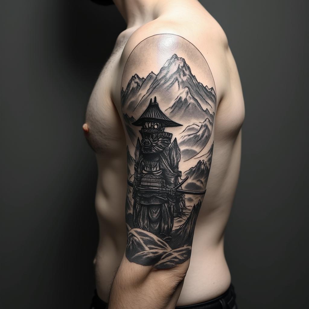 Japanese warrior with mountainsin portrait tattoo style, featuring a highly realistic and detailed depiction