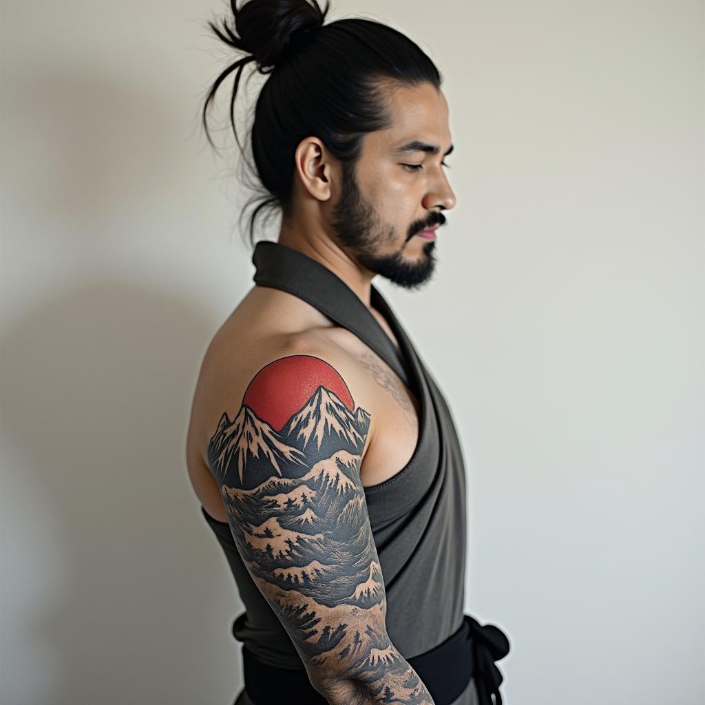 Japanese warrior with mountainsin portrait tattoo style, featuring a highly realistic and detailed depiction  - Variation 2
