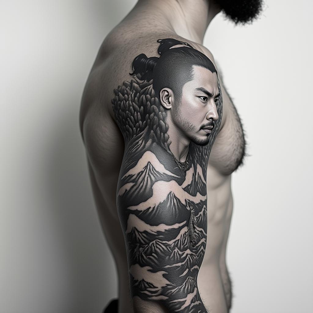Japanese warrior with mountainsin portrait tattoo style, featuring a highly realistic and detailed depiction  - Variation 4