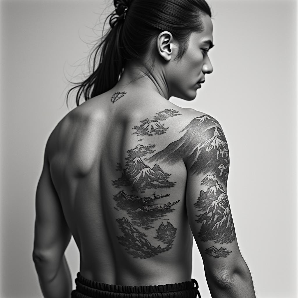 Japanese warrior with mountainsin portrait tattoo style, featuring a highly realistic and detailed depiction  - Variation 3