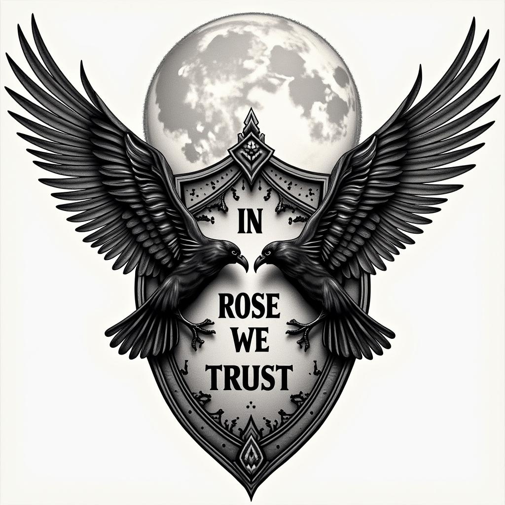 A detailed tattoo artwork of a Viking shield featuring the phrase "IN ROSE WE TRUST" on the left side, with two majestic Ravens flying side by side in the middle, decorated with a radiant moon above.undefined