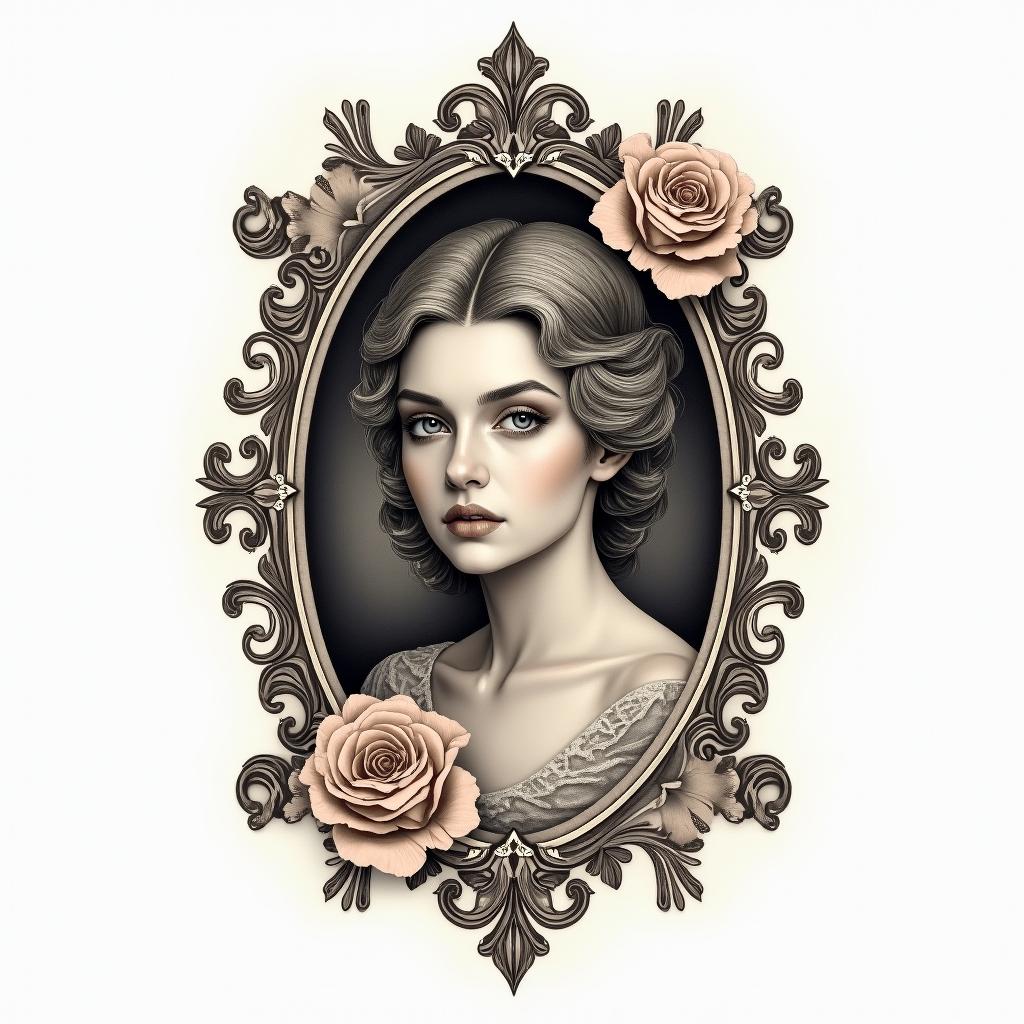 Greecein victorian style tattoo, featuring vintage and elegant elements, ornate frames, roses, antique, sepia-toned color scheme - Variation 3