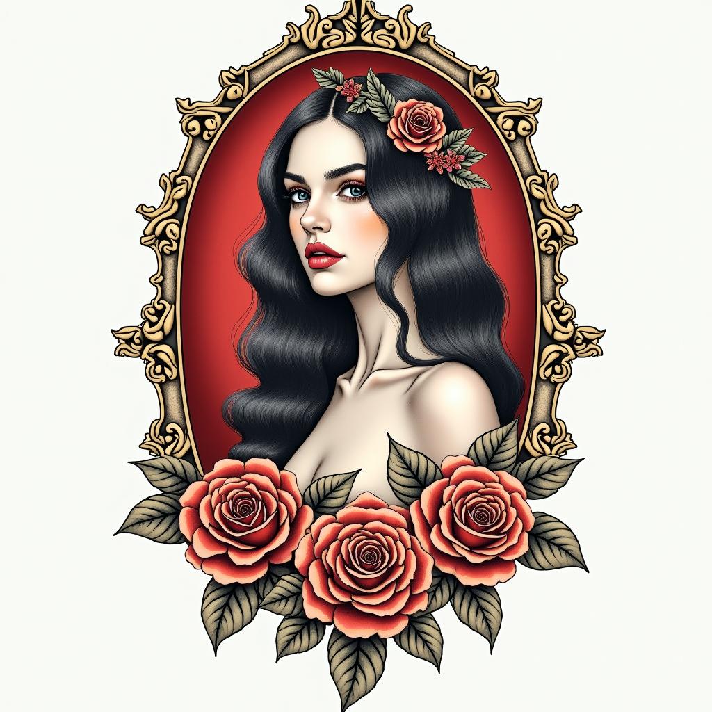 Lana del Rey, red, Greek mythologyin victorian style tattoo, featuring vintage and elegant elements, ornate frames, roses, antique, sepia-toned color scheme