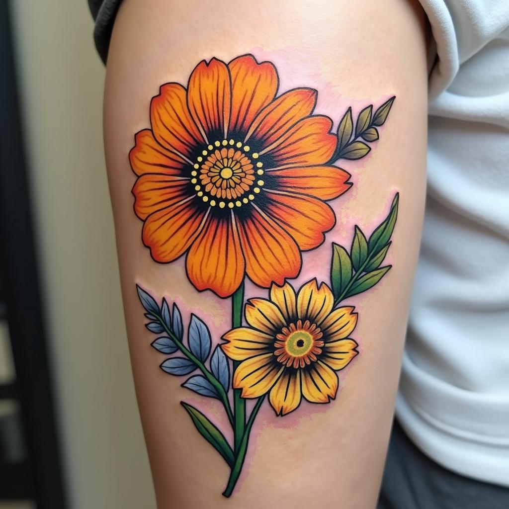 A stunning tattoo showcasing a marigold surrounded by vibrant daffodils, delicate lily of the valley, and graceful larkspur, representing the beauty of floral birth symbols.undefined - Variation 1