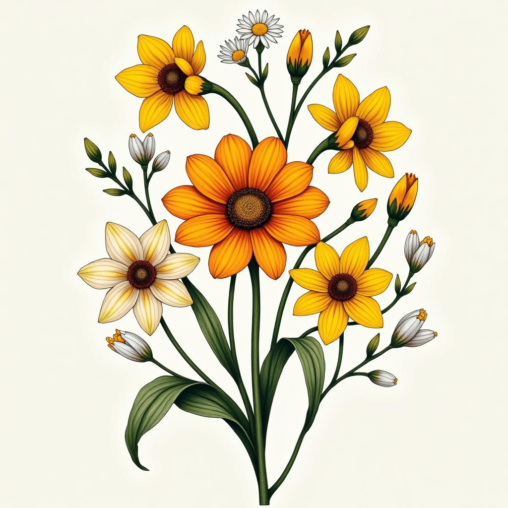 An artistic tattoo illustration featuring a marigold encircled by daffodils, lily of the valley, and larkspur, celebrating the elegance of nature's birth flowers.undefined - Variation 1