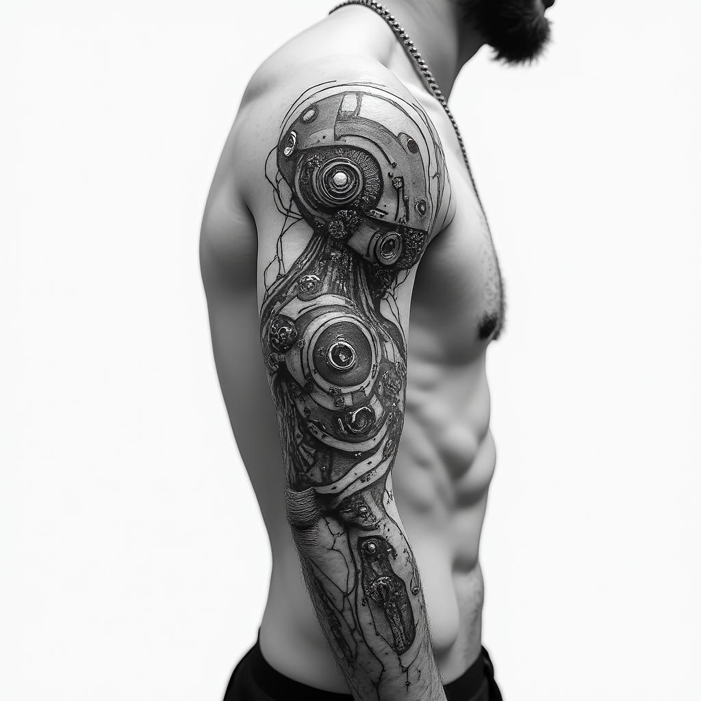 Running on under armtattoo in biomechanic style, the tattoo covered by robotic elements of futuristic cyberpunk design, robotic features detail, showcasing intricate mechanical components - Variation 2
