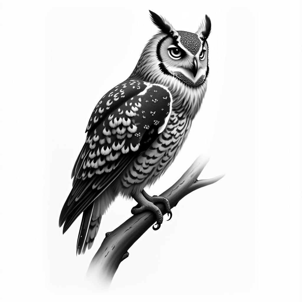 Barn owl on a  branchin realism tattoo style, featuring a highly detailed, lifelike, capturing every detail, photorealistic, ultra realistic, intricate shading, smooth and sharp,   - Variation 3