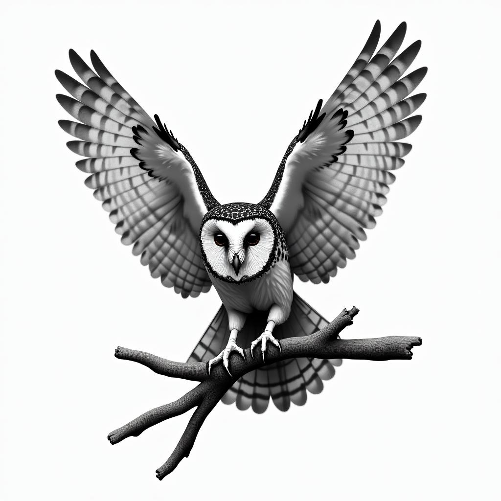 Barn owl on a  branchin realism tattoo style, featuring a highly detailed, lifelike, capturing every detail, photorealistic, ultra realistic, intricate shading, smooth and sharp,  