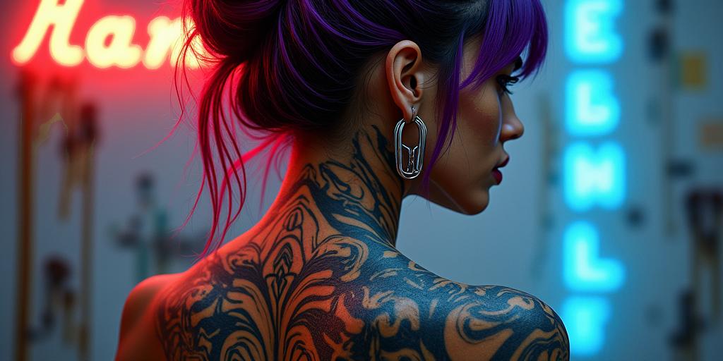 Futuristic cyberpunk girl with neon accentsin new school tattoo, pop culture, modern, detailed tattoo, illustrative - Variation 2