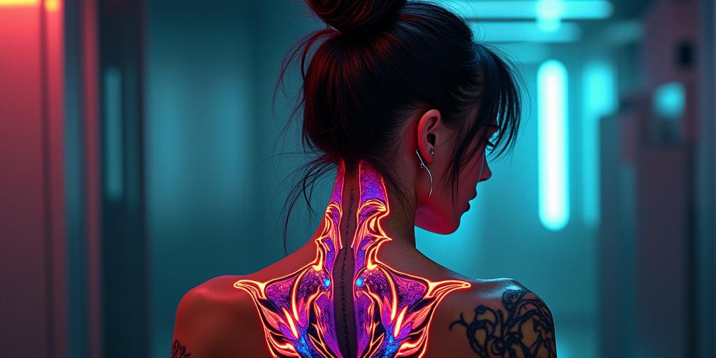 Futuristic cyberpunk girl with neon accentsin new school tattoo, pop culture, modern, detailed tattoo, illustrative