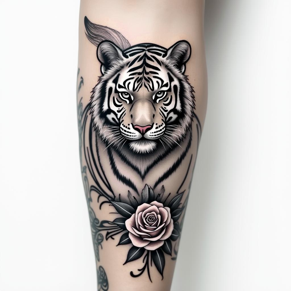 Full right arm tiger with a wing on the outside of the forearm, rose at the wrist beautifully shaded with the birth date of my parents.higly detailed tattoo - Variation 4