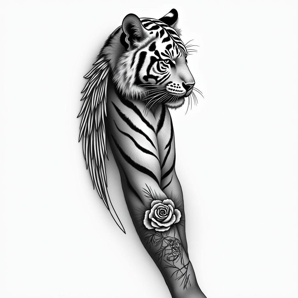Full right arm tiger with a wing on the outside of the forearm, rose at the wrist beautifully shaded with the birth date of my parents.higly detailed tattoo