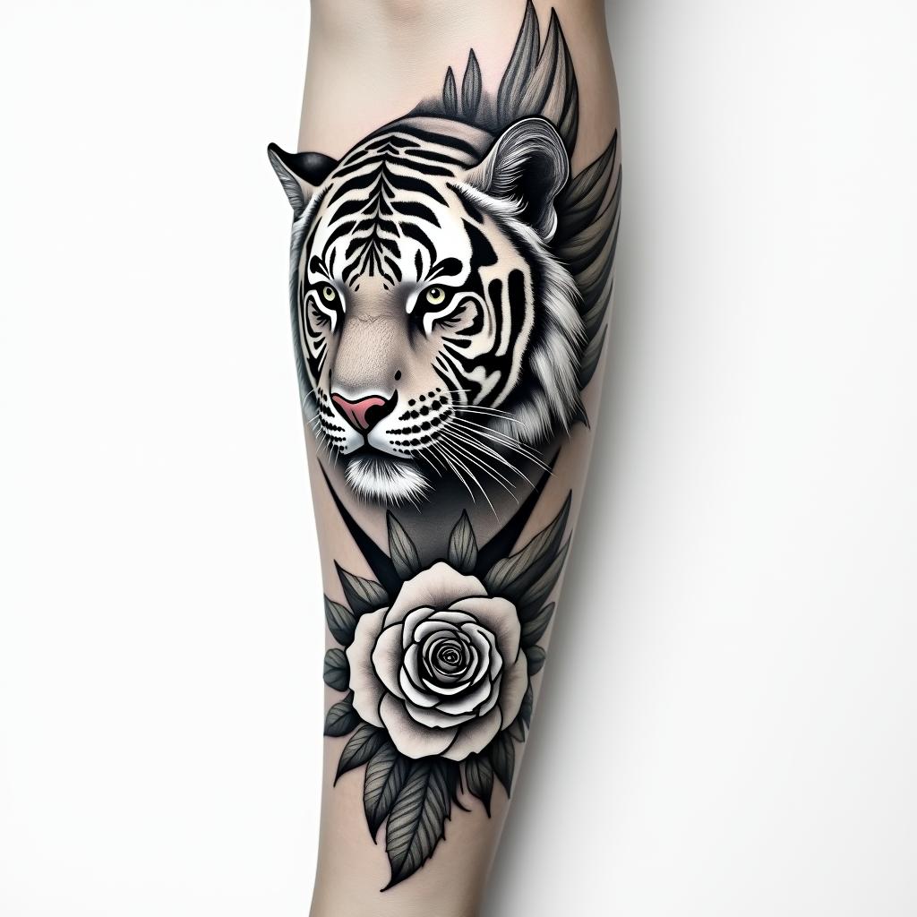Full right arm tiger with a wing on the outside of the forearm, rose at the wrist beautifully shaded with the birth date of my parents.higly detailed tattoo - Variation 3