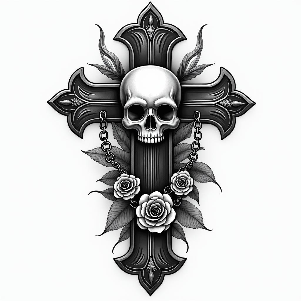 Manuella Cristina Noronha de Souza, I am 20 years old, I am a Cancer sign, I was born in 2005. I enjoy fighting and animals. I have been through a lot in life, but today I serve as an inspiration for many people.in chicano style tattoo, featuring intricate black and grey shading, bold elements of traditional chicano culture symbols, add a big cross with skull, chains and roses