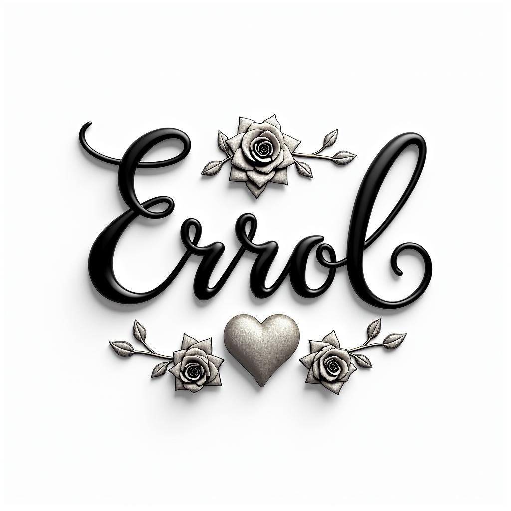 Errolin elegant cursive calligraphy style 2d tattoo, decorate with roses, featuring a smooth and flowing handwritten script with slightly thickened strokes for a luxurious and bold appearance,  heart symbol between names,  sleek and glossy black text with shadowing, minimalist matte white background, clean and sharp edges, illuminated with soft lighting, romantic, 8k, high-quality textures with refined typography - Variation 7