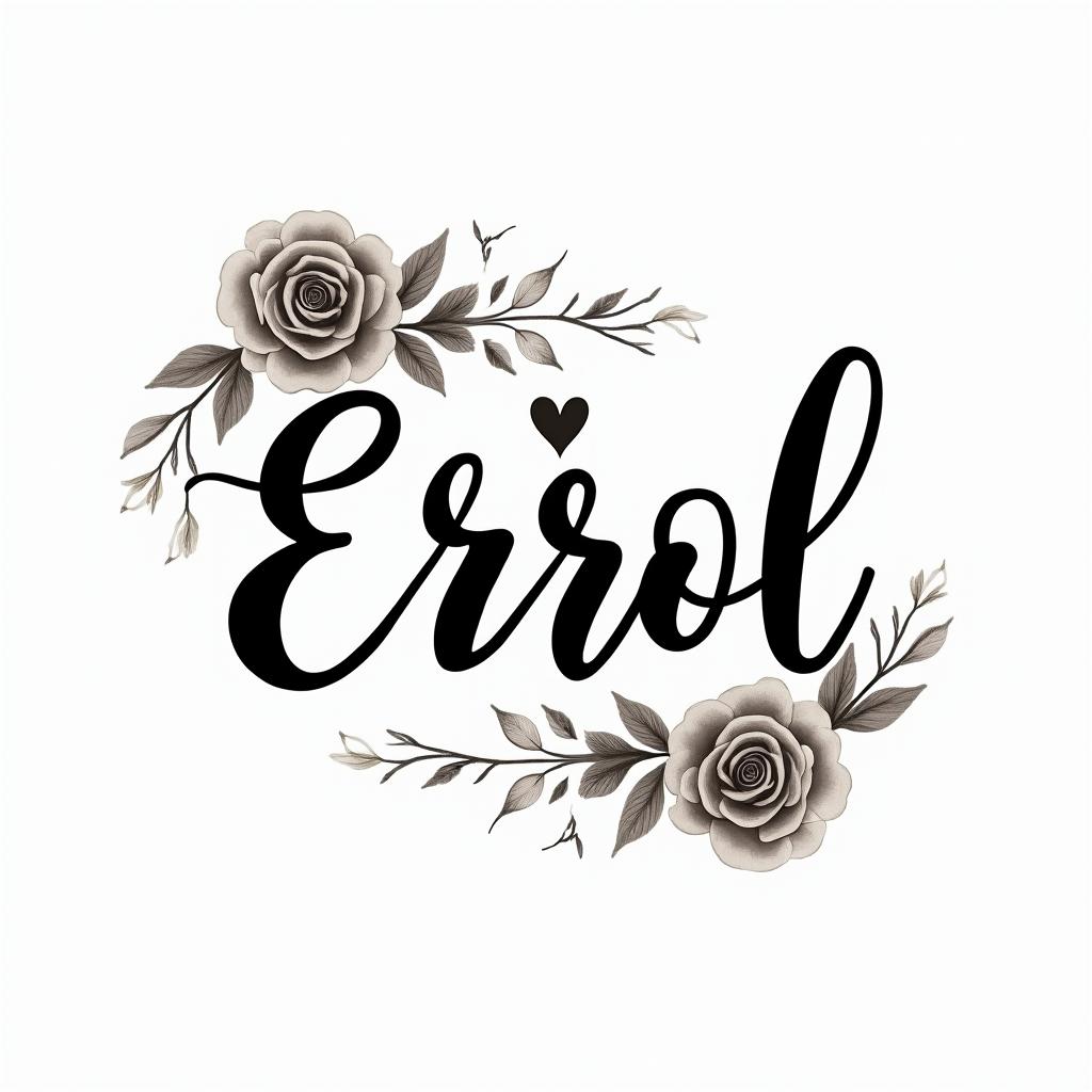 Errolin elegant cursive calligraphy style 2d tattoo, decorate with roses, featuring a smooth and flowing handwritten script with slightly thickened strokes for a luxurious and bold appearance,  heart symbol between names,  sleek and glossy black text with shadowing, minimalist matte white background, clean and sharp edges, illuminated with soft lighting, romantic, 8k, high-quality textures with refined typography - Variation 8