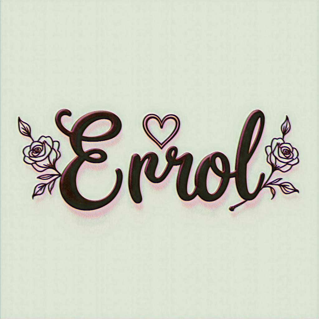 Errolin elegant cursive calligraphy style 2d tattoo, decorate with roses, featuring a smooth and flowing handwritten script with slightly thickened strokes for a luxurious and bold appearance,  heart symbol between names,  sleek and glossy black text with shadowing, minimalist matte white background, clean and sharp edges, illuminated with soft lighting, romantic, 8k, high-quality textures with refined typography - Variation 6
