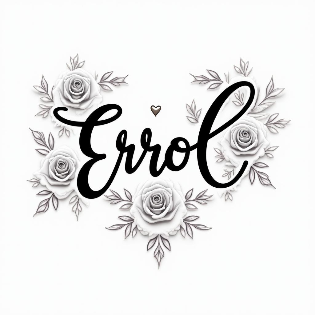 Errolin elegant cursive calligraphy style 2d tattoo, decorate with roses, featuring a smooth and flowing handwritten script with slightly thickened strokes for a luxurious and bold appearance,  heart symbol between names,  sleek and glossy black text with shadowing, minimalist matte white background, clean and sharp edges, illuminated with soft lighting, romantic, 8k, high-quality textures with refined typography - Variation 5