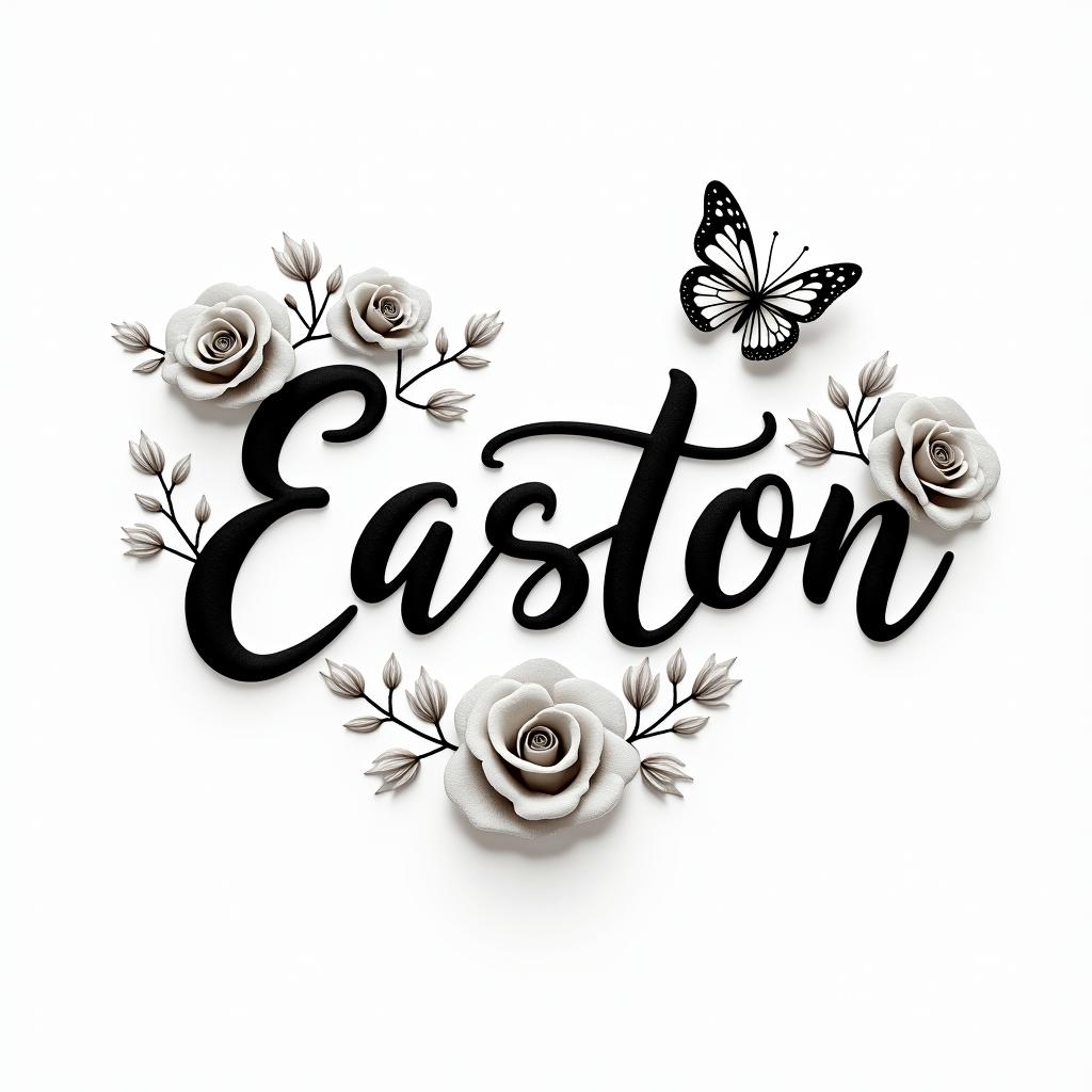 Easton with roses and butterfliesin elegant cursive calligraphy style 2d tattoo, decorate with roses, featuring a smooth and flowing handwritten script with slightly thickened strokes for a luxurious and bold appearance,  heart symbol between names,  sleek and glossy black text with shadowing, minimalist matte white background, clean and sharp edges, illuminated with soft lighting, romantic, 8k, high-quality textures with refined typography - Variation 2