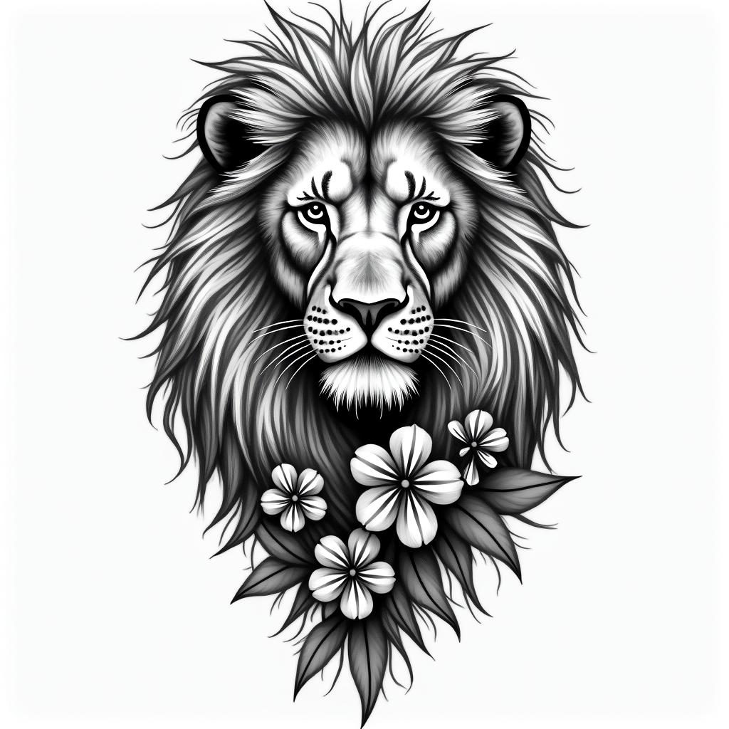 A powerful and loving tattoo design featuring a majestic lion representing strength and protection, surrounded by the names Jaylen, Londyn, and Sydney intricately woven into the design. The lion should embody the traits of a Leo, reflecting warmth and kindness. Include elements that symbolize a mother's bond and love, capturing both the essence of motherhood and the memory of a father, perhaps with subtle floral accents to enhance the connection to family.higly detailed tattoo - Variation 5