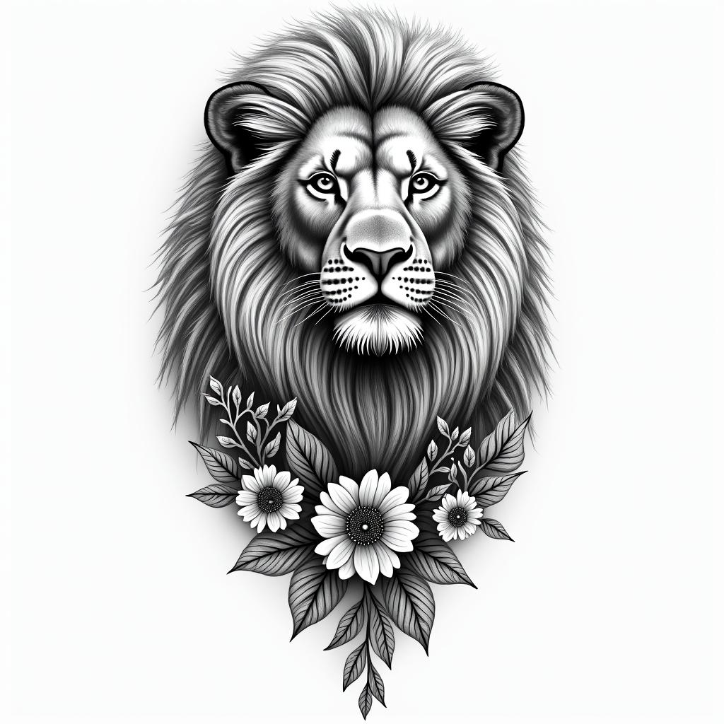 A powerful and loving tattoo design featuring a majestic lion representing strength and protection, surrounded by the names Jaylen, Londyn, and Sydney intricately woven into the design. The lion should embody the traits of a Leo, reflecting warmth and kindness. Include elements that symbolize a mother's bond and love, capturing both the essence of motherhood and the memory of a father, perhaps with subtle floral accents to enhance the connection to family.higly detailed tattoo - Variation 6