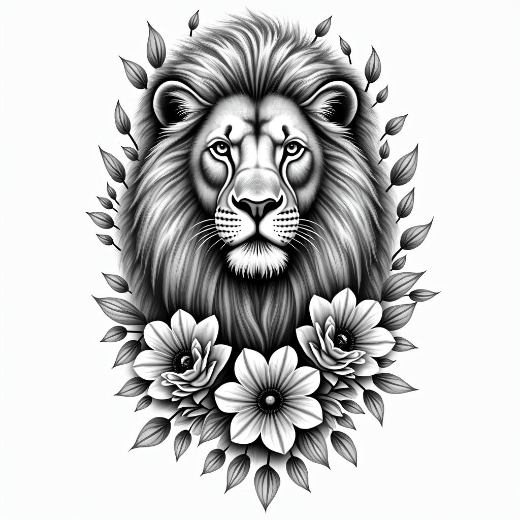A powerful and loving tattoo design featuring a majestic lion representing strength and protection, surrounded by the names Jaylen, Londyn, and Sydney intricately woven into the design. The lion should embody the traits of a Leo, reflecting warmth and kindness. Include elements that symbolize a mother's bond and love, capturing both the essence of motherhood and the memory of a father, perhaps with subtle floral accents to enhance the connection to family.higly detailed tattoo - Variation 8